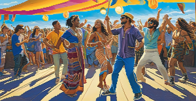 A lively music festival with a diverse crowd, colorful decorations, and performers on stage under a bright blue sky.