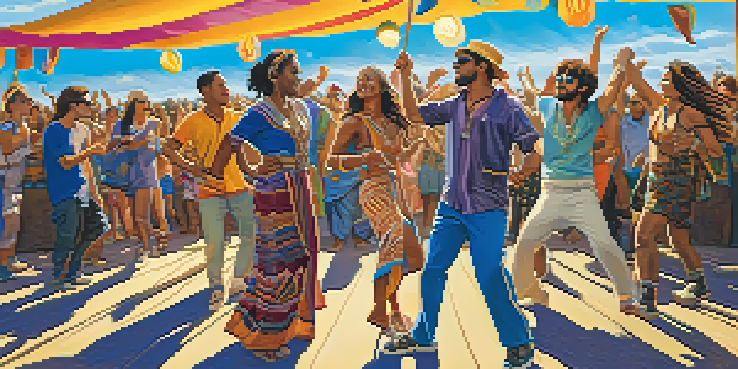 A lively music festival with a diverse crowd, colorful decorations, and performers on stage under a bright blue sky.
