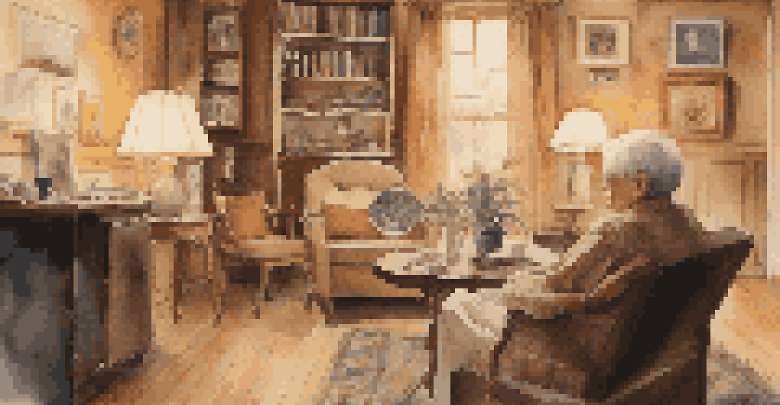 An elderly person listening to vinyl records in a warmly lit room, surrounded by vintage decor and looking at an old photograph with joy.