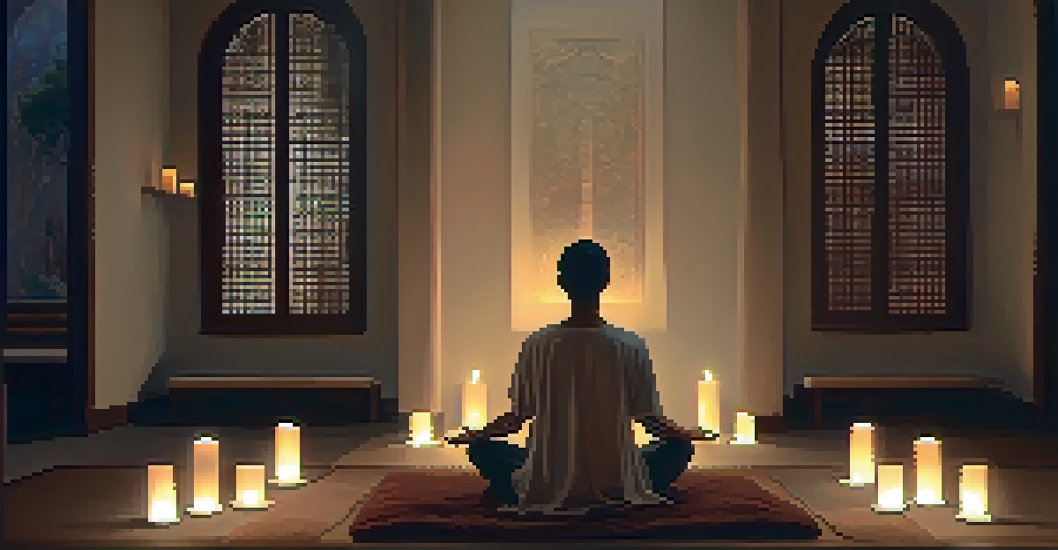 An individual meditating in a softly lit room surrounded by candles, listening to calming sacred music.