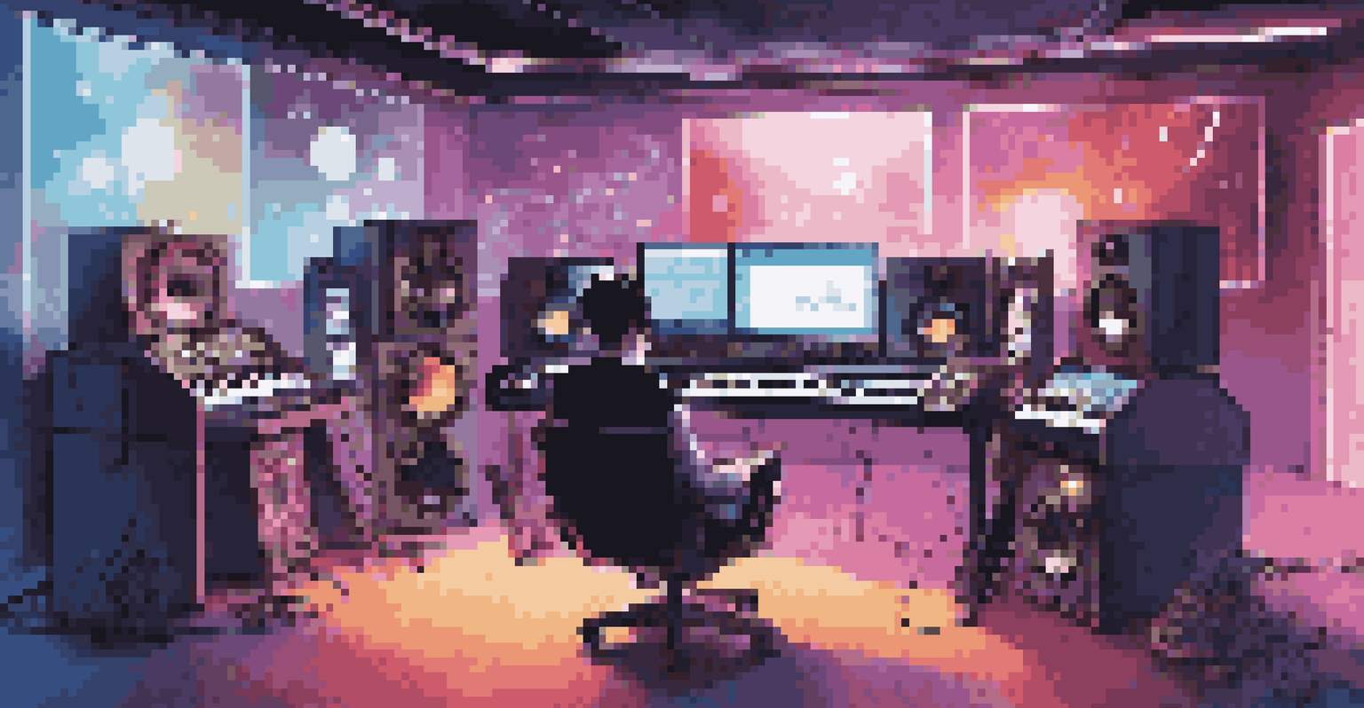 A modern music studio with an artist working on a digital audio workstation surrounded by instruments and colorful lights.