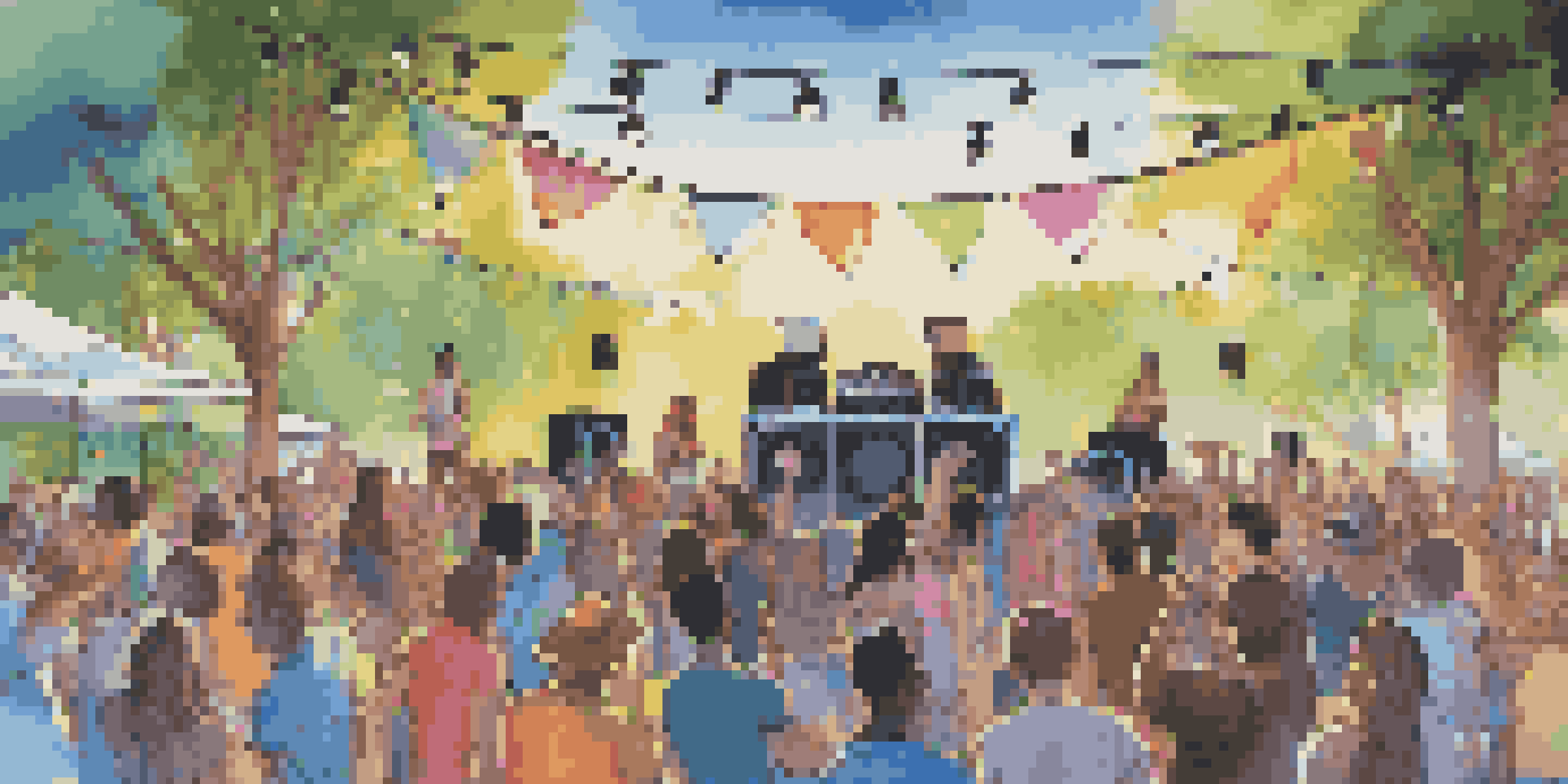 A lively outdoor DJ setup with colorful lights, speakers, and dancing guests under a blue sky.
