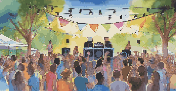 A lively outdoor DJ setup with colorful lights, speakers, and dancing guests under a blue sky.