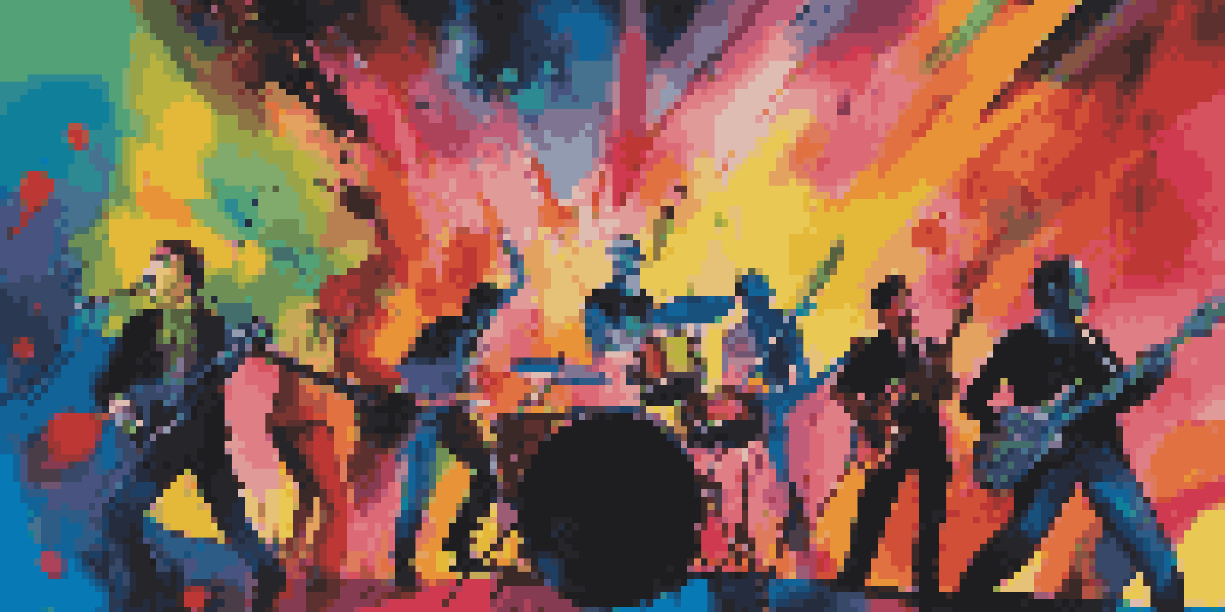 A lively music performance with musicians highlighted in bright colors and abstract background shapes.