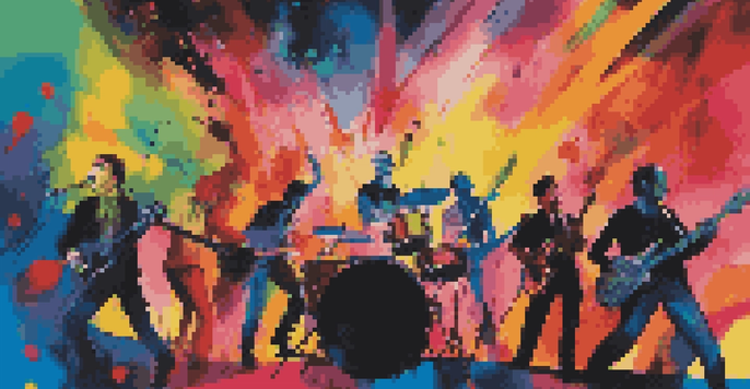 A lively music performance with musicians highlighted in bright colors and abstract background shapes.