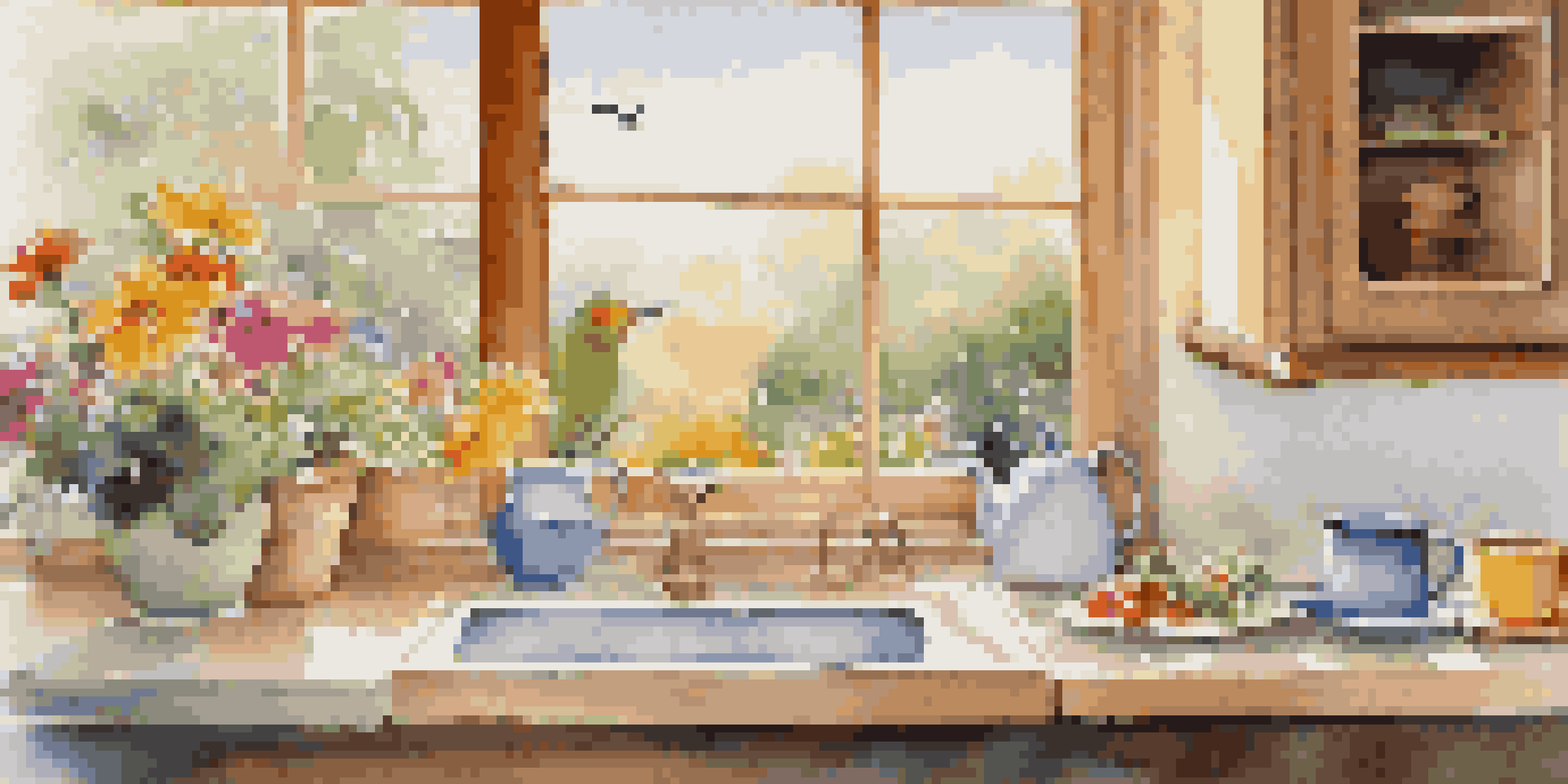 A bright kitchen with a cup of coffee and a view of a flower garden outside, capturing the tranquility of a morning.