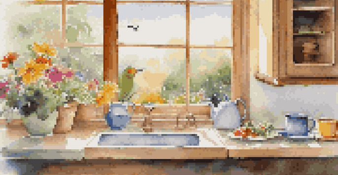 A bright kitchen with a cup of coffee and a view of a flower garden outside, capturing the tranquility of a morning.