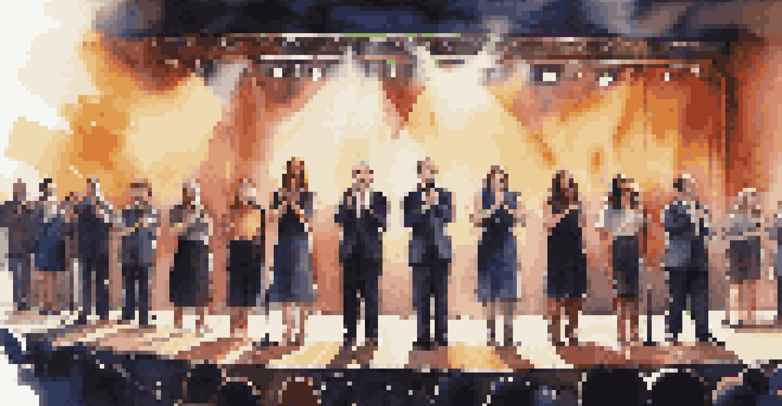 A modern choir on stage performing diverse music styles, with vibrant stage lighting and stylish outfits.
