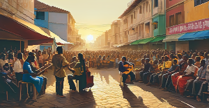 A lively street scene with musicians performing for an engaged audience in a conflict-affected area, surrounded by banners of peace.