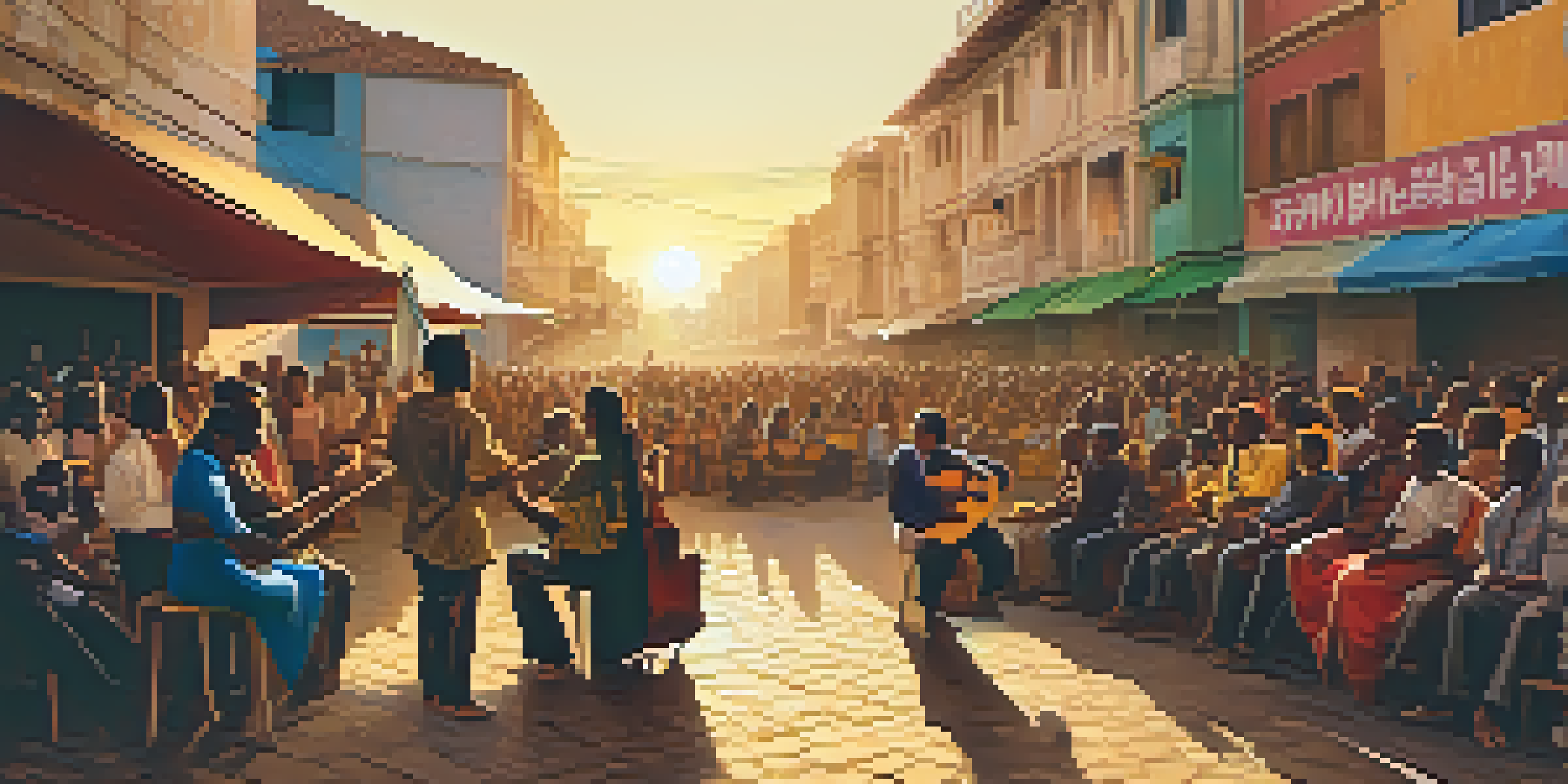 A lively street scene with musicians performing for an engaged audience in a conflict-affected area, surrounded by banners of peace.