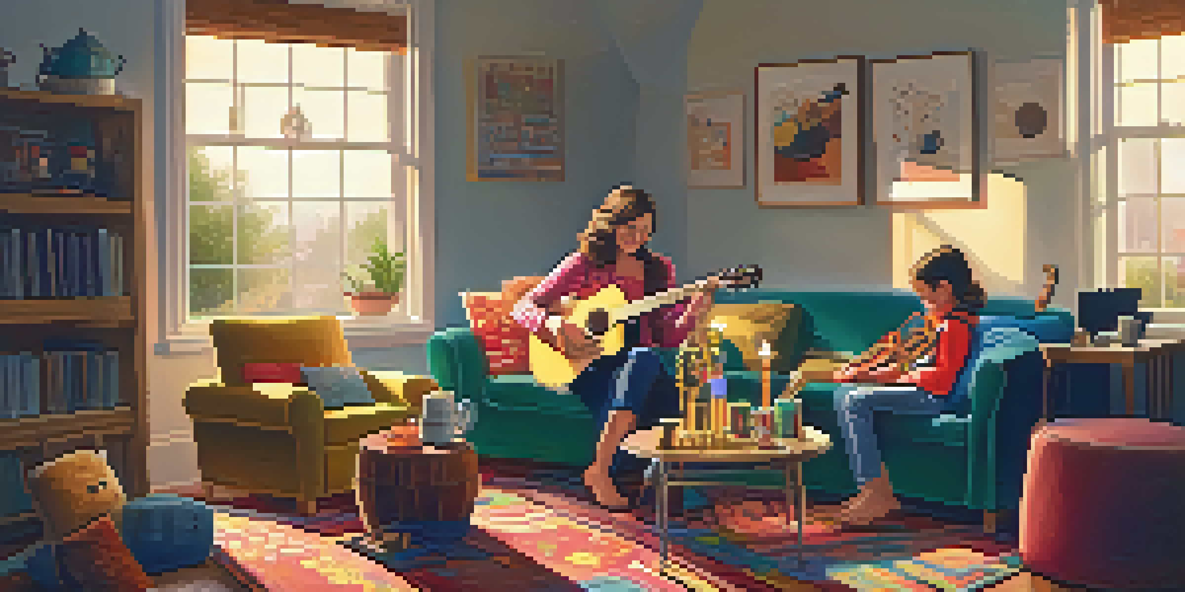 A family enjoying a musical activity in a cozy living room, with instruments and warm lighting.