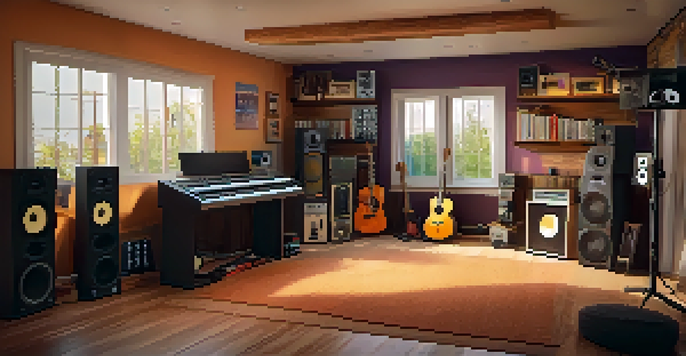 A cozy home music studio with instruments, computer setup, and colorful soundproofing.