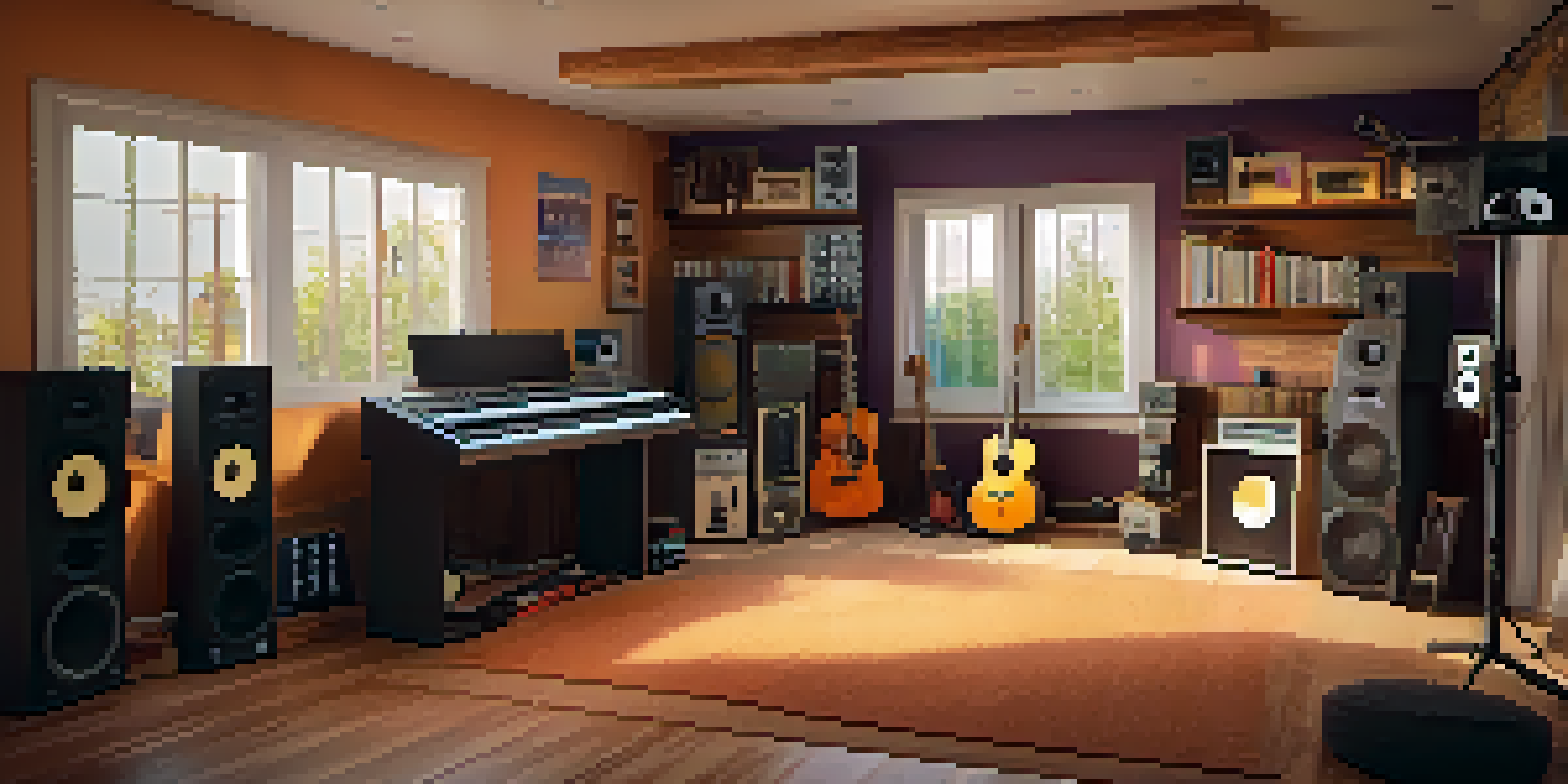 A cozy home music studio with instruments, computer setup, and colorful soundproofing.