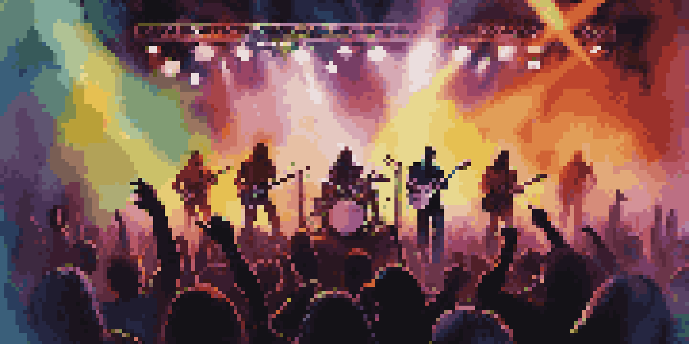 A lively concert with a rock band performing on stage, surrounded by colorful lights and an enthusiastic crowd.