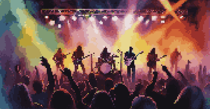 A lively concert with a rock band performing on stage, surrounded by colorful lights and an enthusiastic crowd.