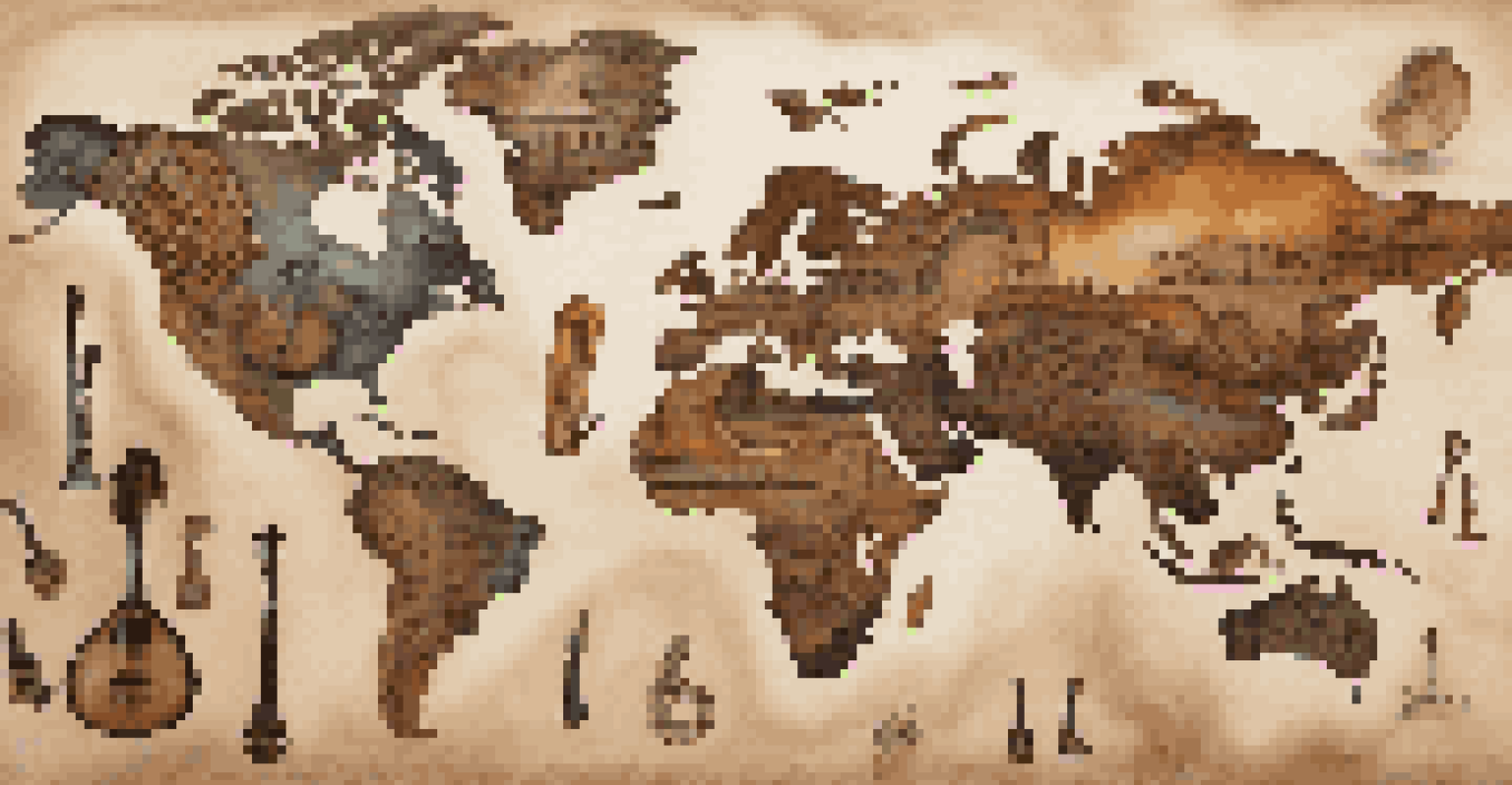 A world map created from various musical instruments, including a sitar, djembe, and guitar, set against a textured canvas in earthy tones.