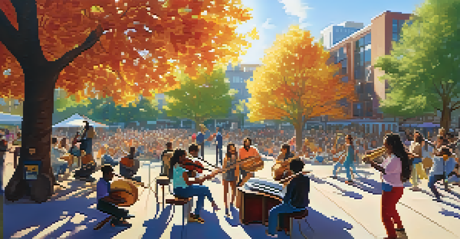A lively community music event in a park with diverse musicians and joyful audience members enjoying the performance.