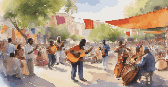 A lively park scene featuring musicians from various cultures performing together, with a diverse audience enjoying the music.