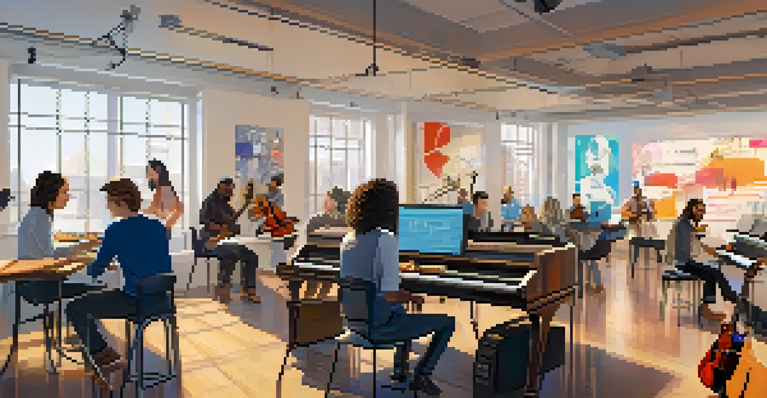 A group of musicians collaborating with laptops and instruments in a bright workspace, using music notation software.