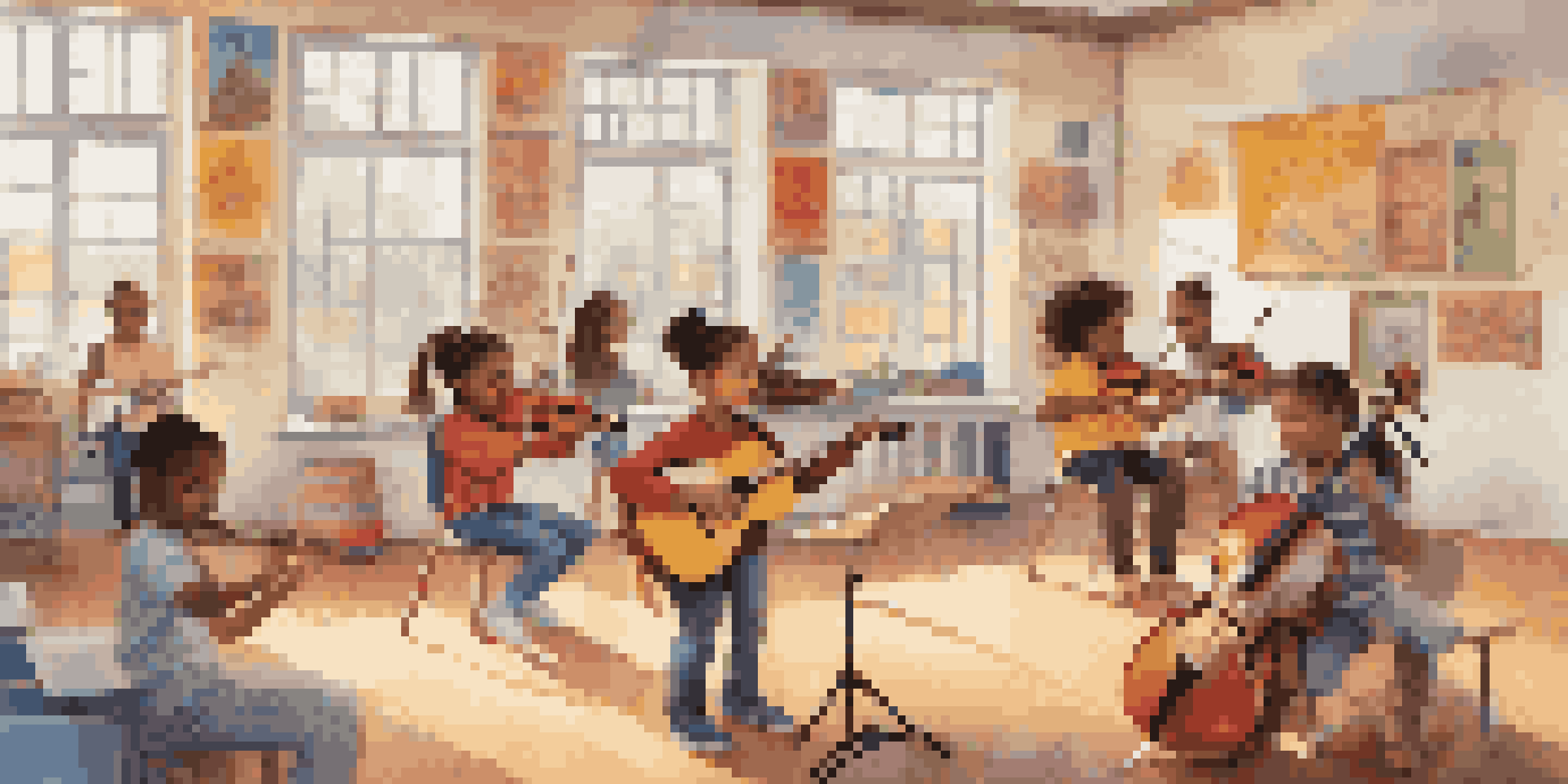 A music classroom filled with children of different backgrounds trying out various musical instruments, with colorful posters on the walls and sunlight streaming in.
