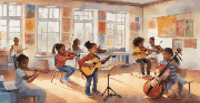 A music classroom filled with children of different backgrounds trying out various musical instruments, with colorful posters on the walls and sunlight streaming in.