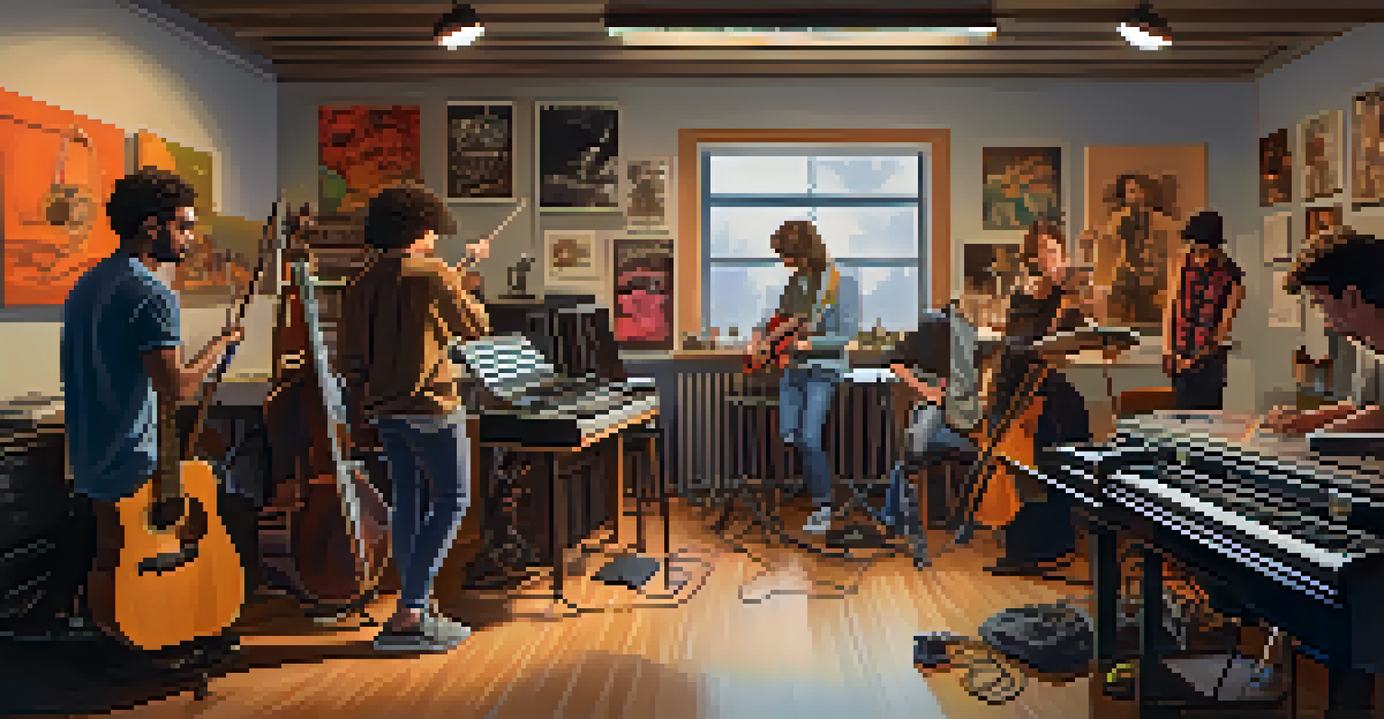 Young artists working together in a modern music studio, surrounded by instruments and posters, with soft lighting creating a creative atmosphere.