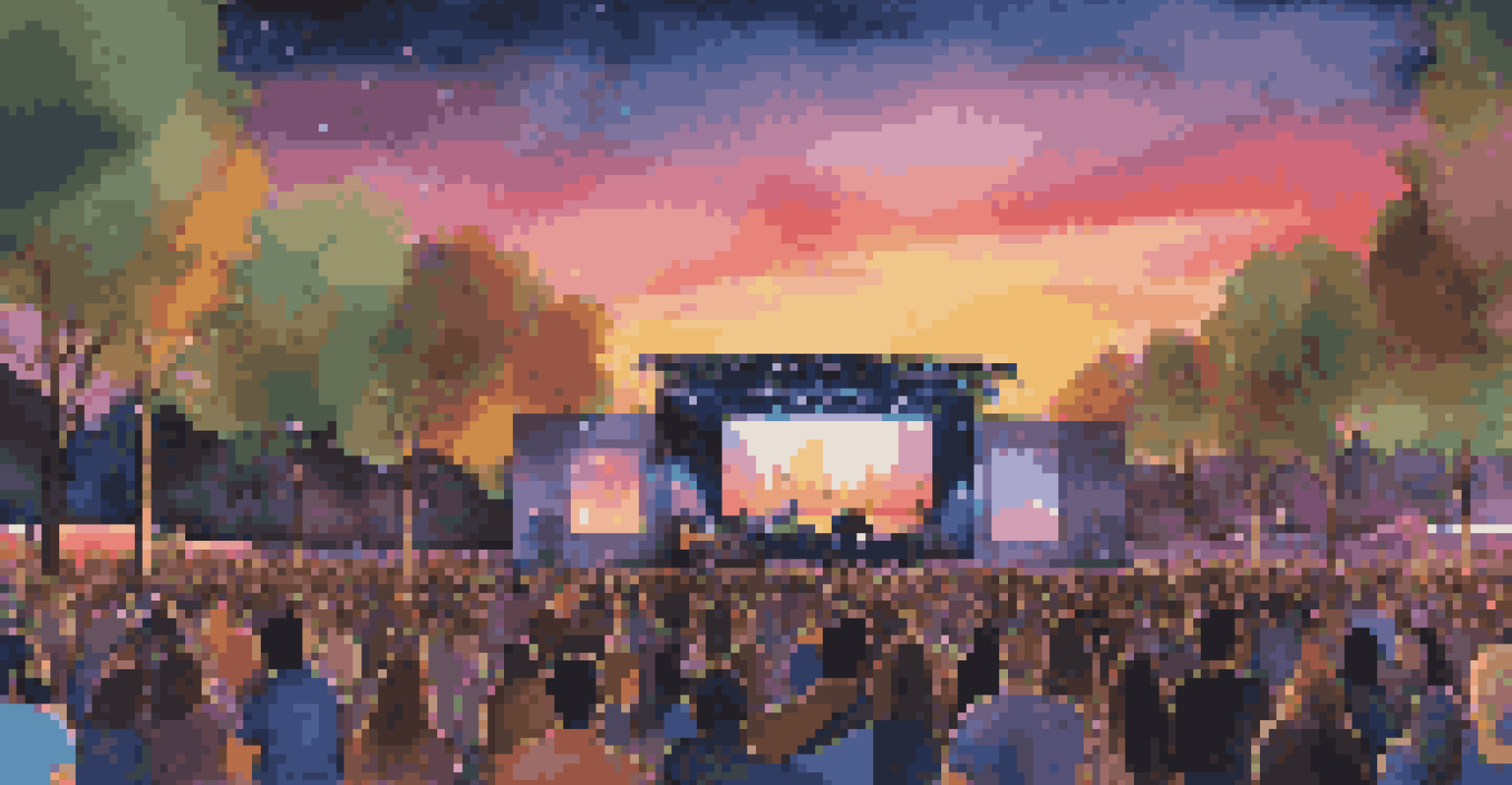 A vibrant outdoor concert with live attendees and a streaming setup, set against a sunset backdrop.