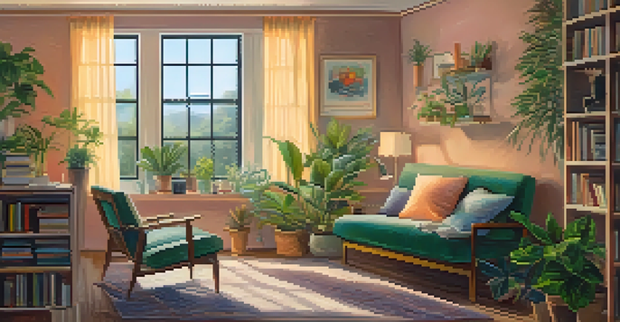 A person sitting in a cozy room with headphones, enjoying music, surrounded by plants and books.