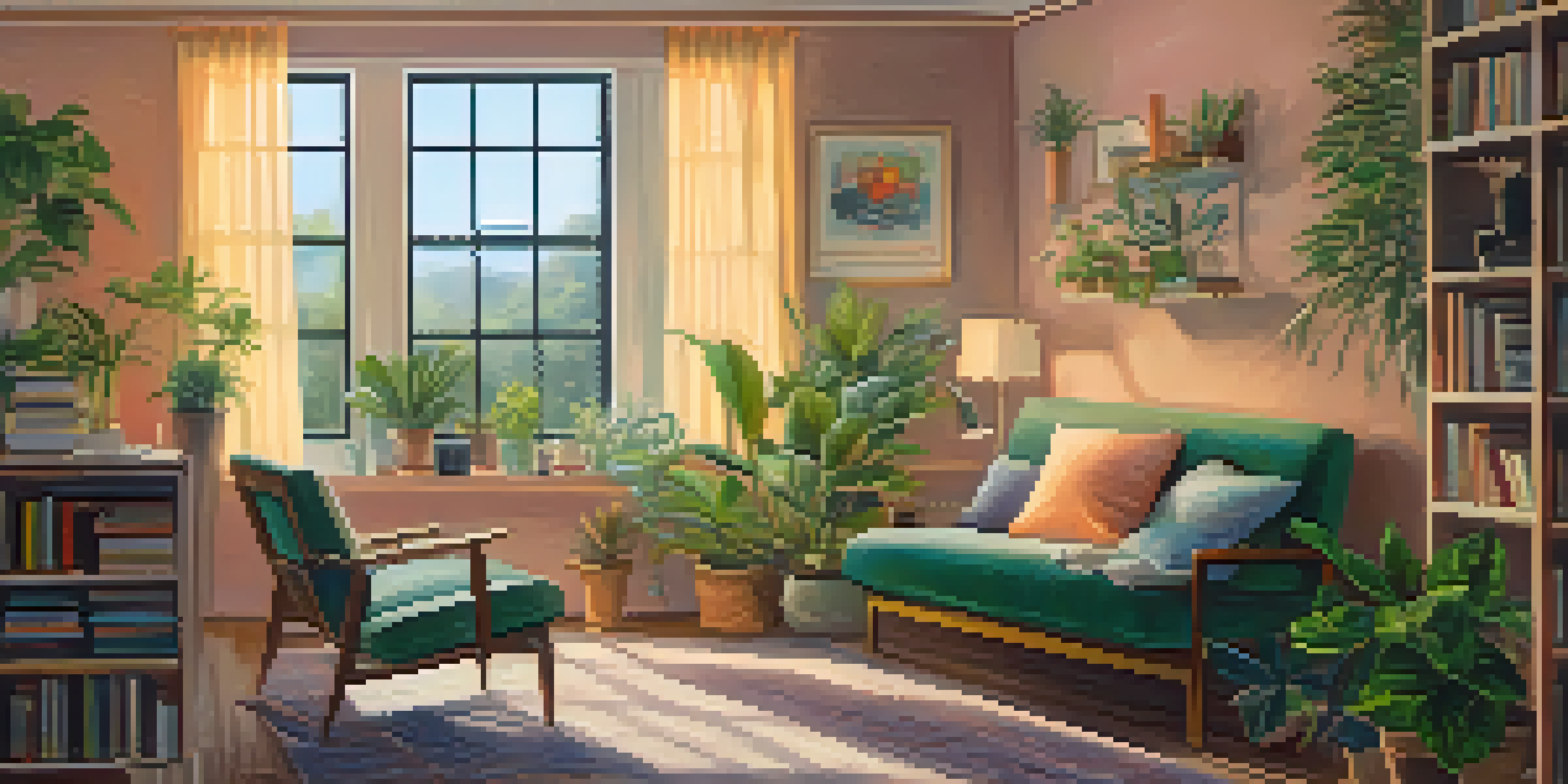A person sitting in a cozy room with headphones, enjoying music, surrounded by plants and books.
