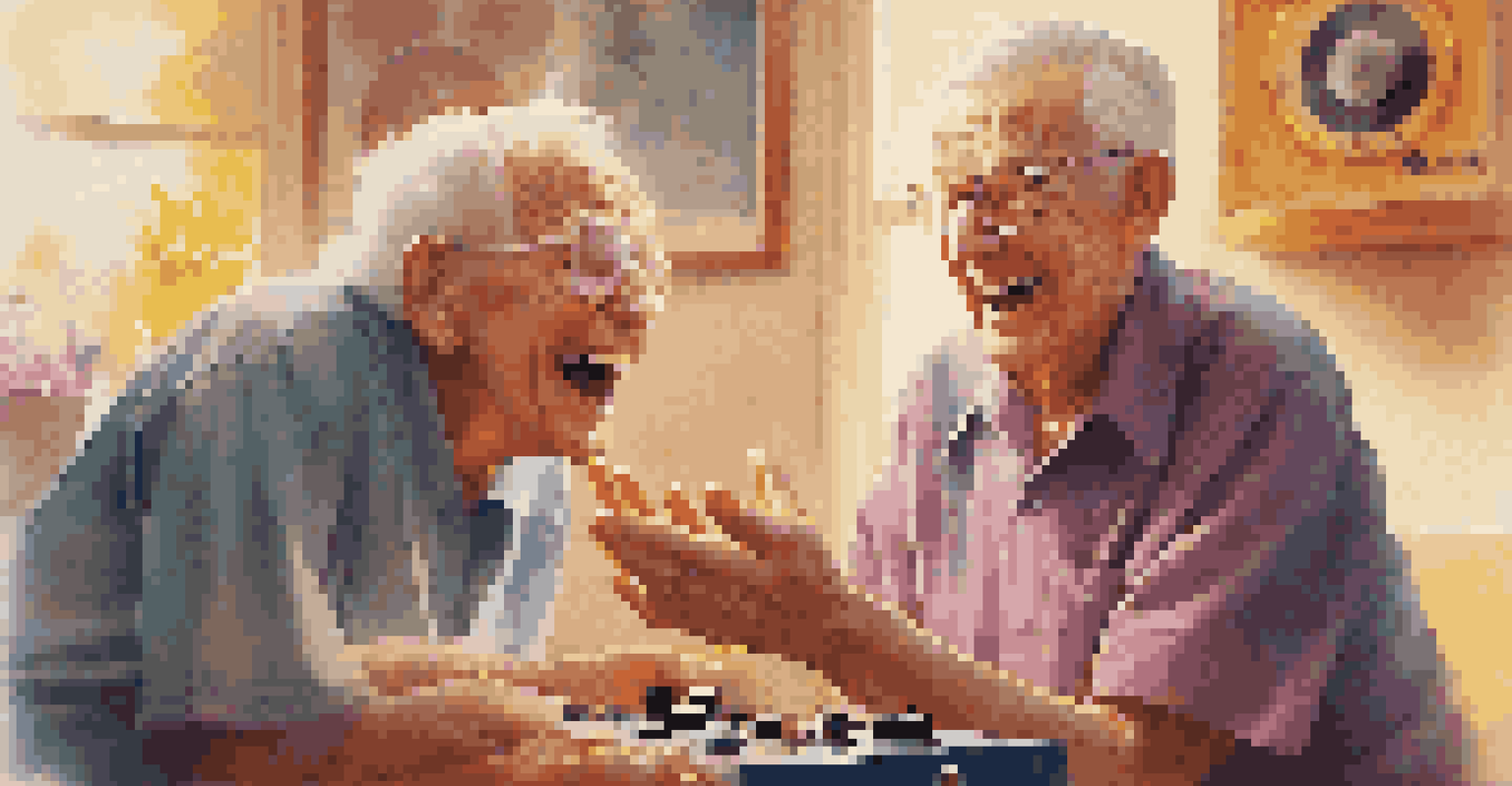 A caregiver sings to an elderly man who is clapping happily during a music therapy session, surrounded by vinyl records and a vintage record player.