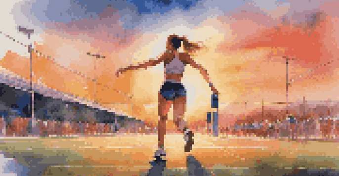 A young female athlete warming up on a track field during sunset, wearing headphones and looking focused.