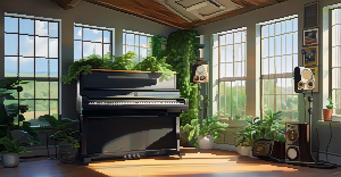 A music studio with a vintage microphone and greenery, bathed in sunlight, creating a serene atmosphere for vocal practice.