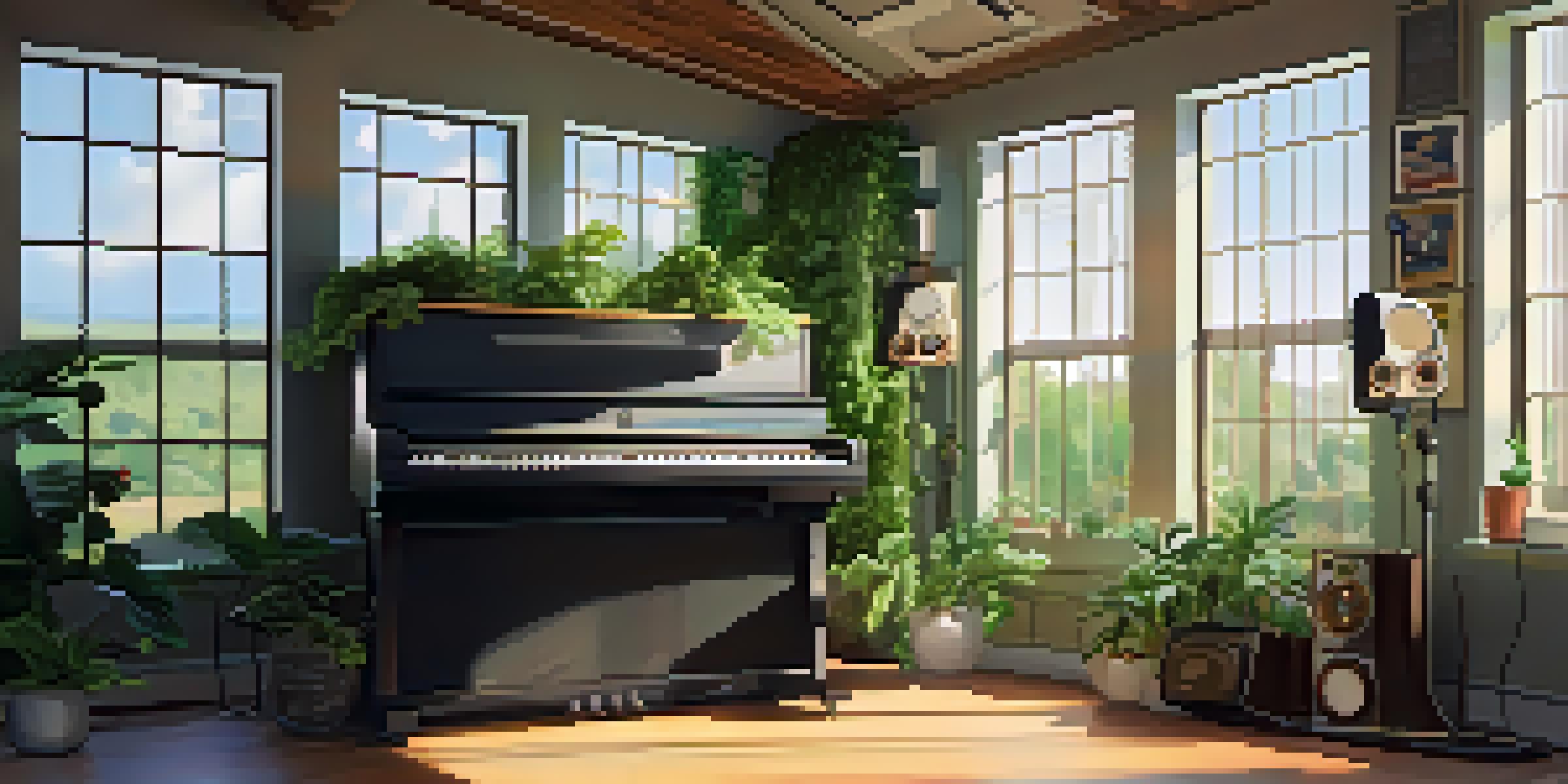A music studio with a vintage microphone and greenery, bathed in sunlight, creating a serene atmosphere for vocal practice.