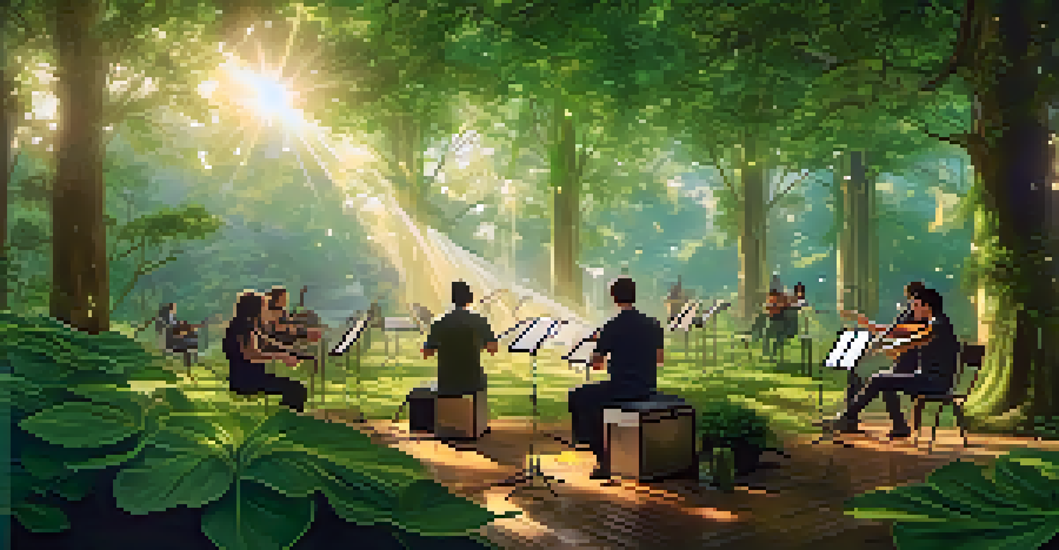 Musicians brainstorming and creating music together in a serene virtual forest with lush greenery and soft sunlight.