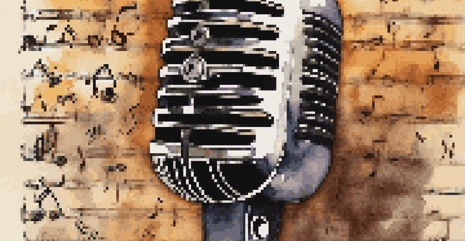 A close-up of a hand holding a vintage microphone with musical notes and symbols in a softly blurred background, illuminated by warm light.