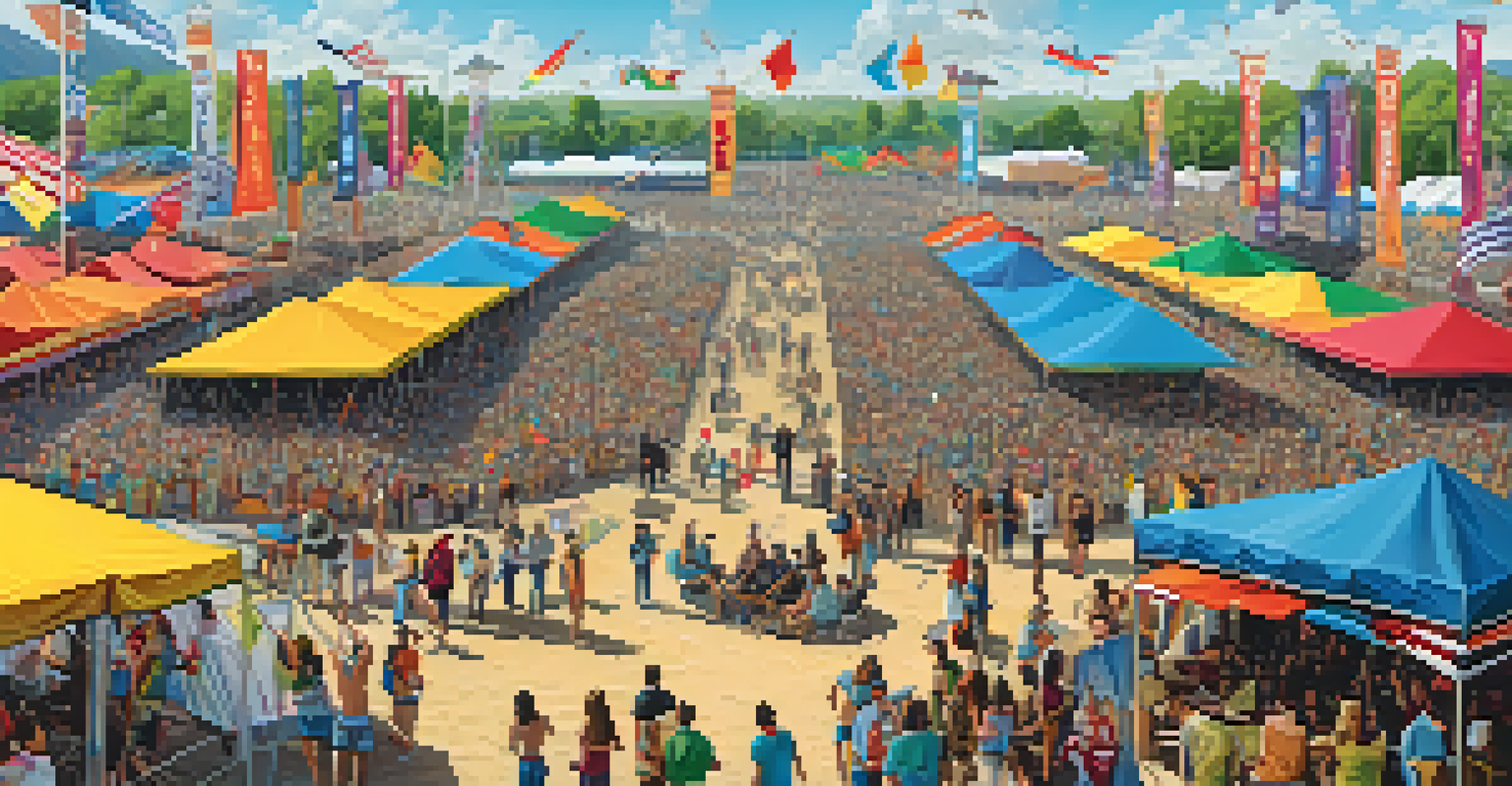 A wide view of a large music festival with various stages and a colorful crowd, showcasing diverse cultures and food trucks.