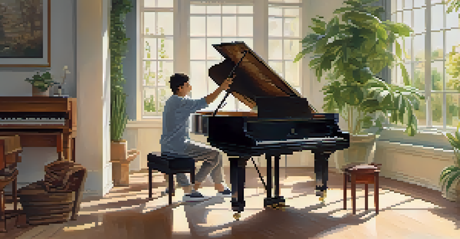 A pianist stretching their fingers in a calm and serene environment after practice.