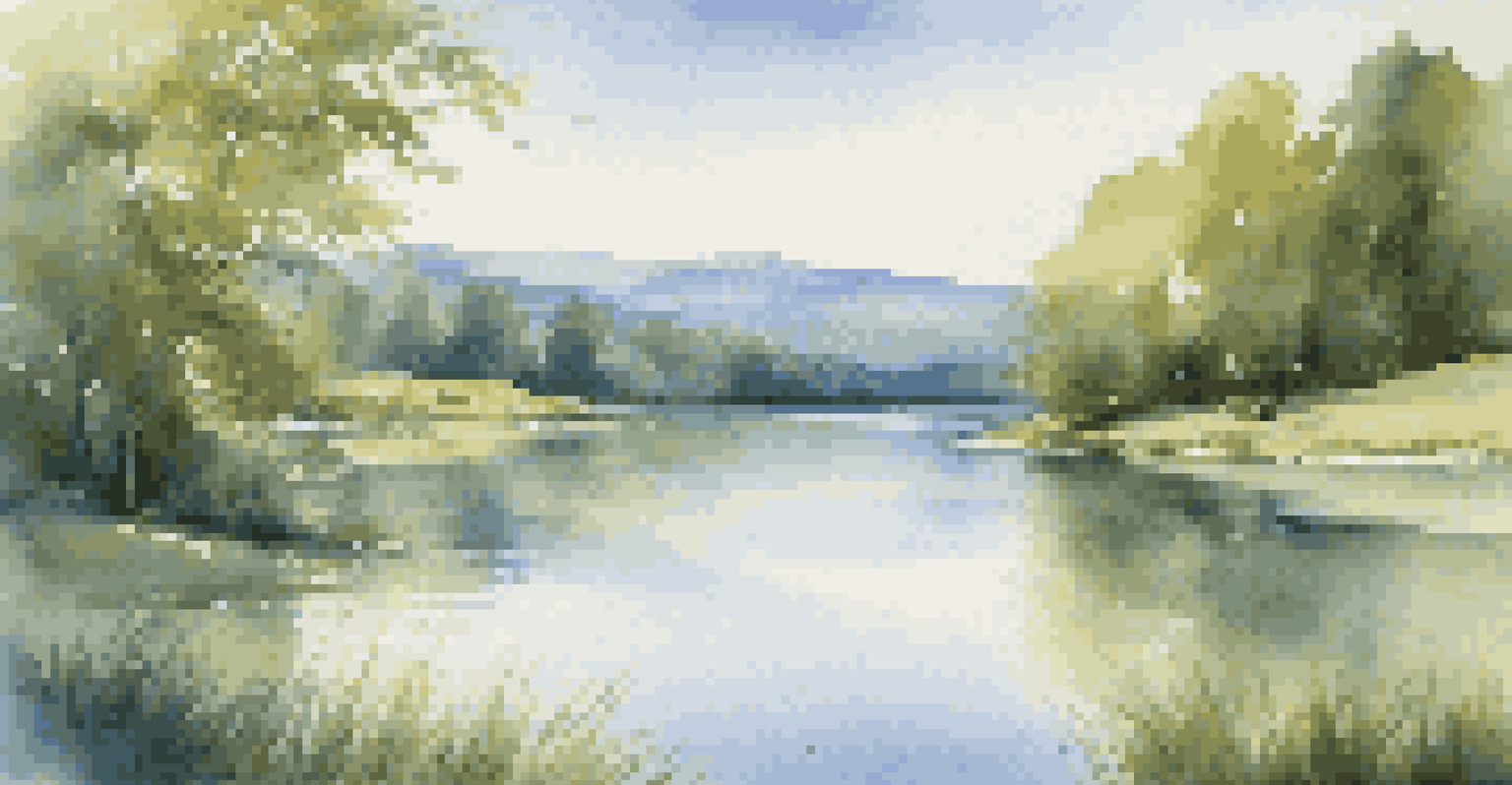 A peaceful landscape with a blue lake surrounded by green trees and mountains, illuminated by soft sunlight.