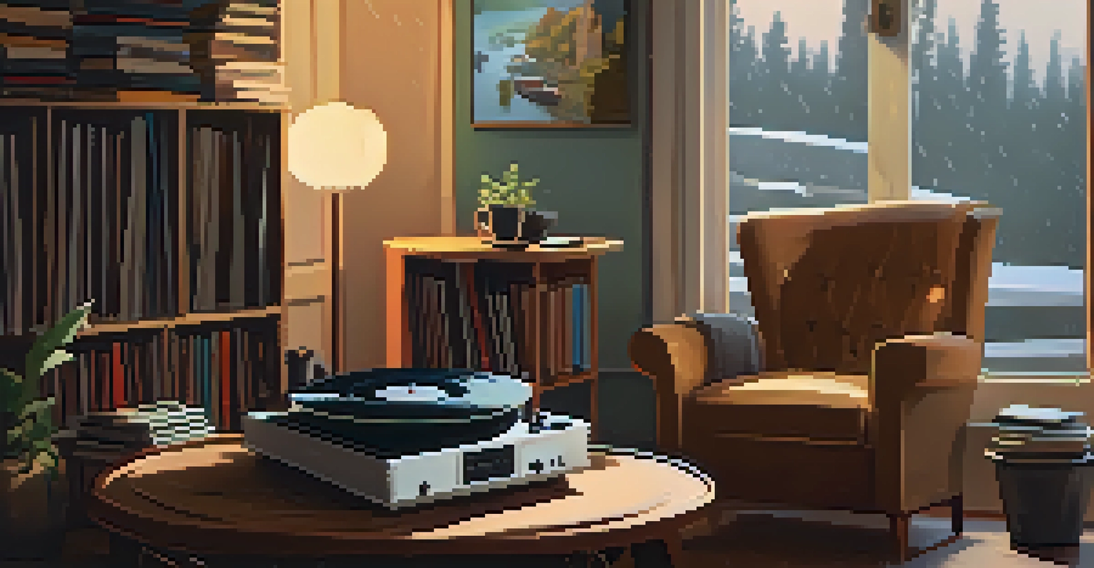 A cozy room with a record player, vinyl records, and a cup of coffee on a table.