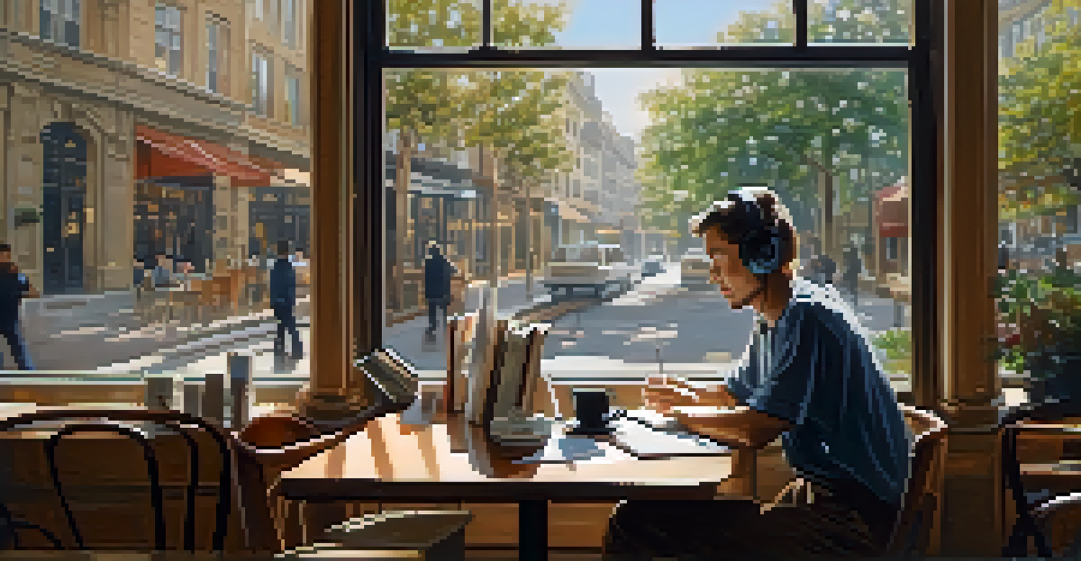 A person in a café, wearing headphones and studying, with books and a coffee cup on the table, illuminated by natural light from the window.