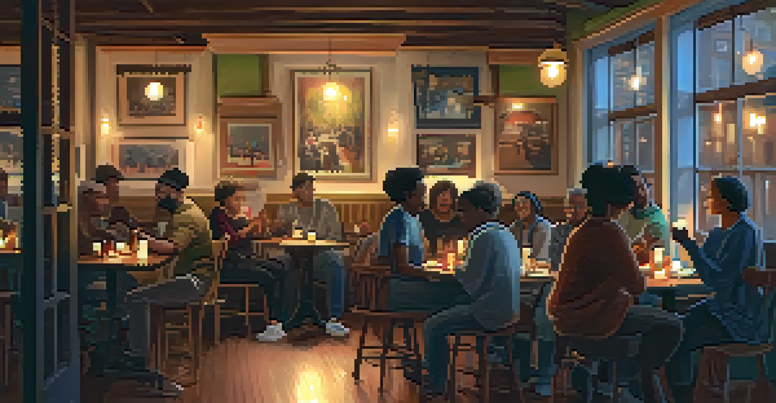 An open mic night in a cozy café with diverse performers on stage and an attentive audience, creating a feeling of community.