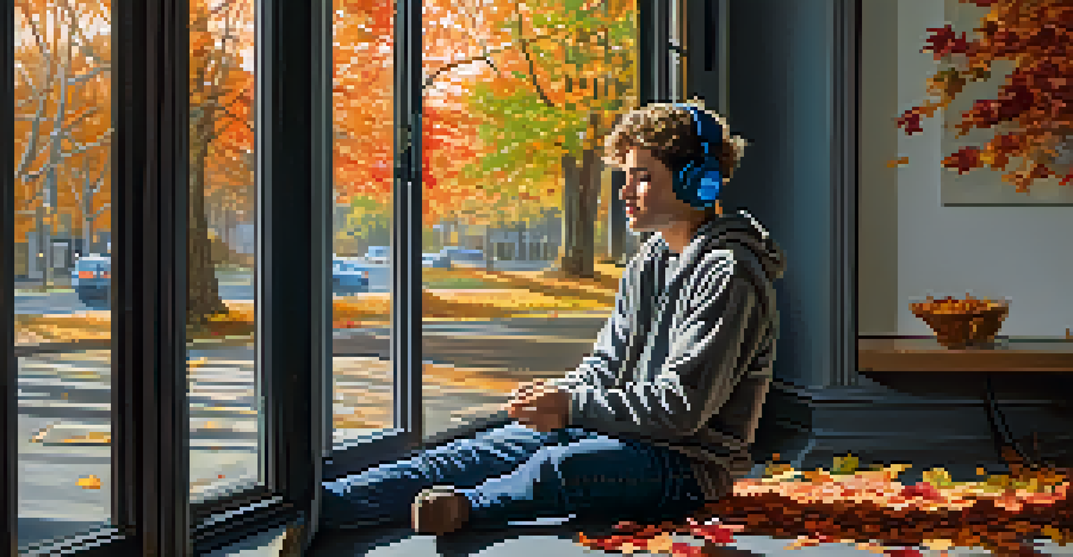 A person sitting by a window wearing headphones, looking thoughtful, with colorful autumn leaves visible outside, symbolizing the connection between music and memory.