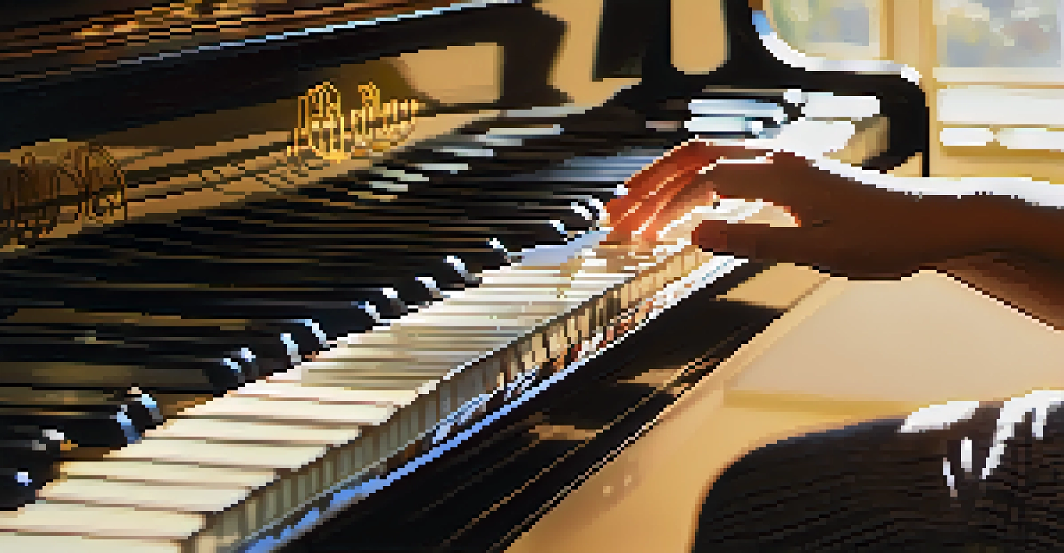 A student practicing piano with sunlight streaming through a window, highlighting their focused expression.