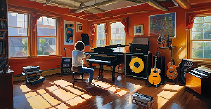A lively music studio with instruments and sunlight, featuring an artist playing guitar.