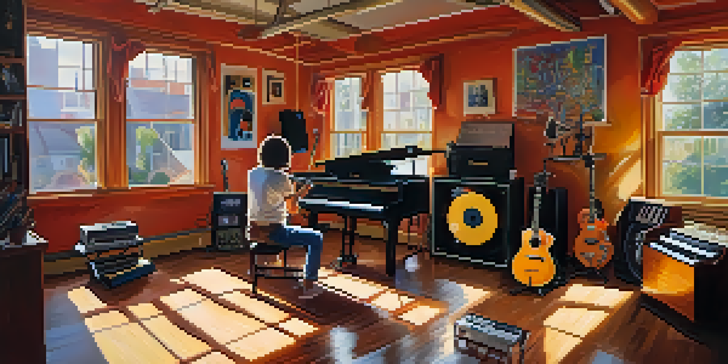 A lively music studio with instruments and sunlight, featuring an artist playing guitar.