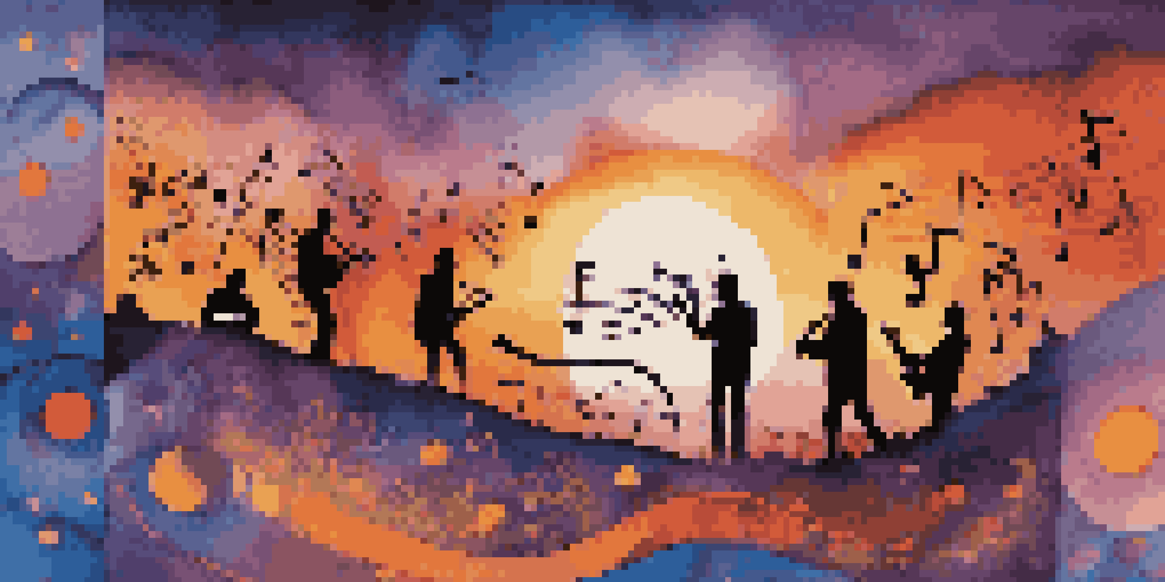 An abstract album cover depicting musicians playing instruments against a colorful sunset landscape.