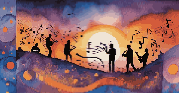 An abstract album cover depicting musicians playing instruments against a colorful sunset landscape.