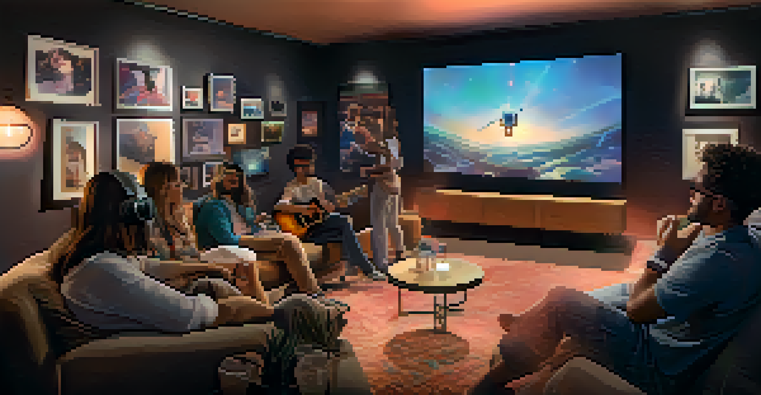A virtual lounge with fans discussing music, featuring cozy seating and a virtual artist interacting with them.