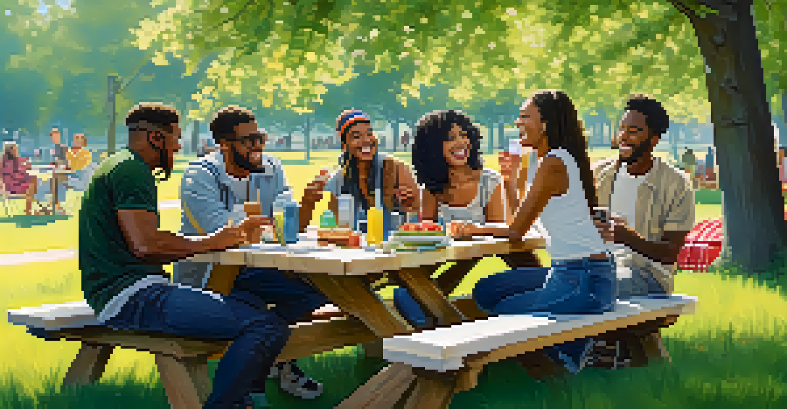 A diverse group of friends at a picnic table in a park, enjoying a podcast listening session with a portable speaker, surrounded by greenery and flowers.
