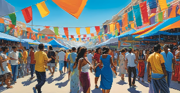 A lively street scene with diverse individuals enjoying a music festival, surrounded by colorful banners and merchandise stalls under a bright blue sky.